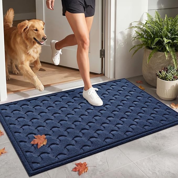 DEXI Front Door Mat Outside Entrance, 17x30 Heavy Duty Entry Doormat Dirt Trapper with Rubber Back, Non Slip Low Profile Floor Mats for Entryway Exterior Patio, Navy Blue