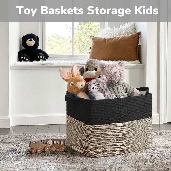 Goodpick 50L Large Wicker Blanket Basket, 18" x 14" x 12", Black Jute | Blankets, Pillows & Toys Storage, Decorative Storage Basket for Living Room & Bedroom Organization, Built-In Handles
