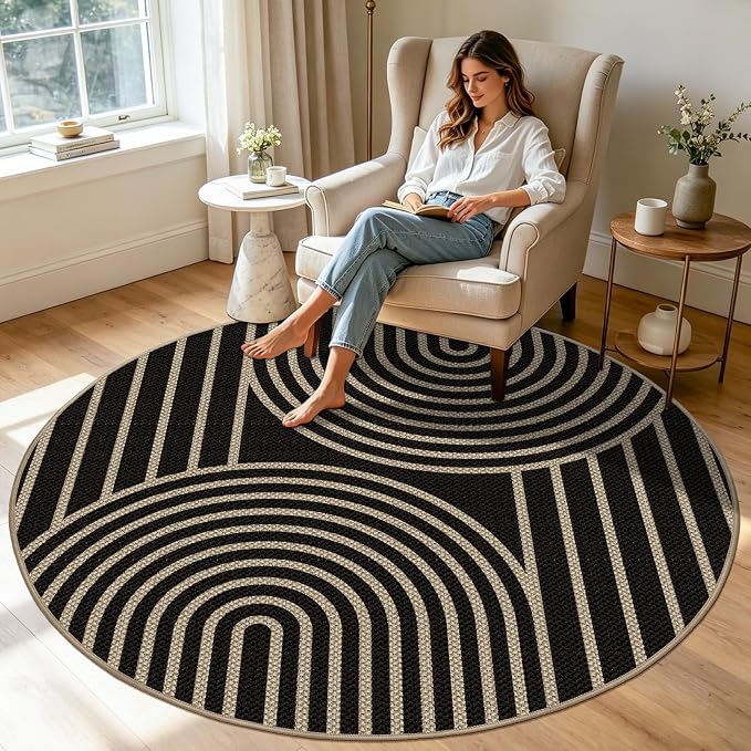 Capslpad Round Faux Jute Rug 6ft Washable Non Slip Area Rugs for Living Room Boho Circle Patio Carpet Low Pile Geometric Indoor Outdoor Rug for Backyard Bedroom Kitchen Entryway,Black&Nature