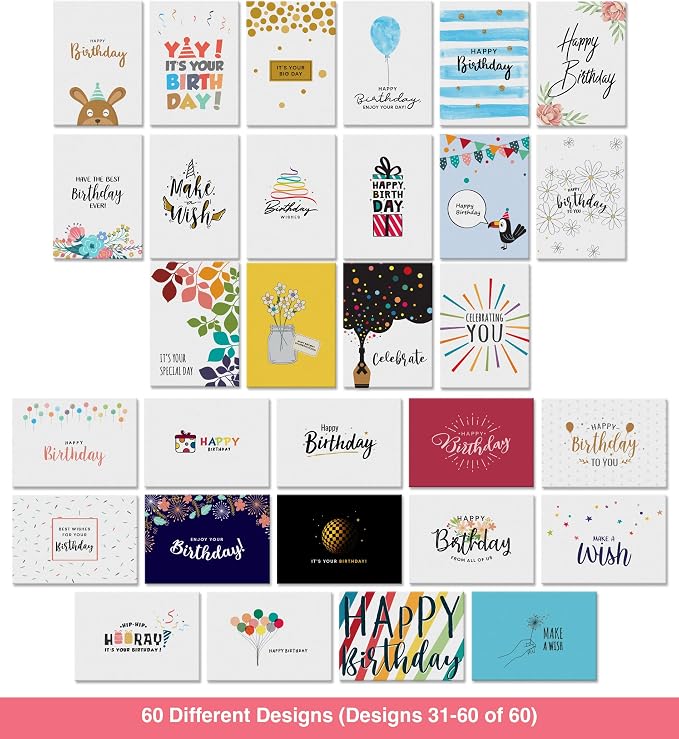 Dessie 60 Unique Birthday Cards Assortment 5x7 with Generic Birthday Greetings Inside. Suitable For Men, Women and Kids. Send As Is Or Personalize. Includes Envelopes and Gold Stickers