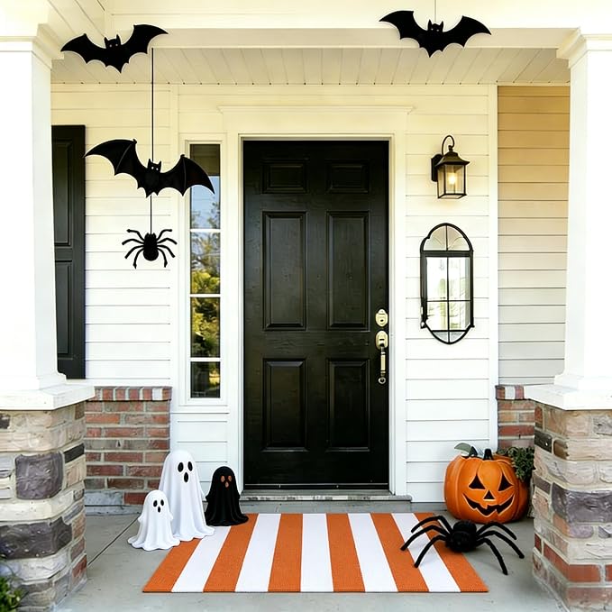 Striped Outdoor Rug 27.5x43 Orange and White Front Door Mat, Halloween Layering Rug for Porch, Washable Doormat, Cotton Area Rug for Outdoor Entrance Entryway Patio Porch Decor