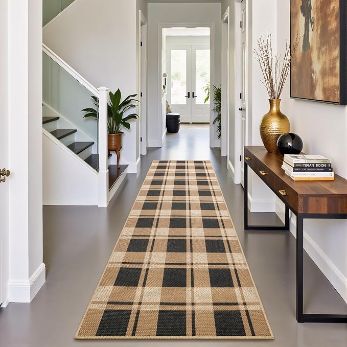 AROGAN Checkered Jute Runner Rug for Hallway, 2x8 Kitchen Runner Washable Rugs Carpet, Long Farmhouse Design Geometric Rugs for Entryway Indoor Laundry Welcome Mat 8 Ft Entry, Black and Brown