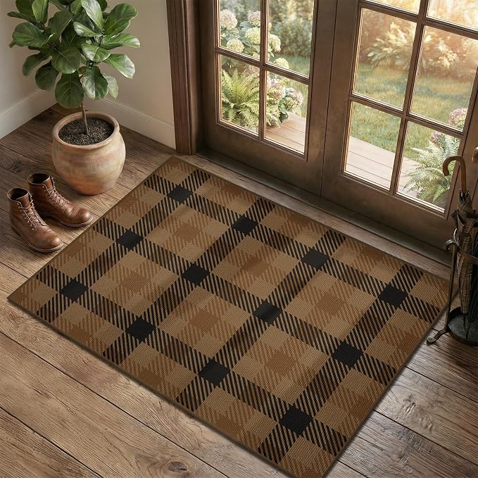 2x3 Entryway Door Mat Indoor Outdoor– Washable Non Slip Small Rug for Front Door, Back Door, Kitchen Sink, Mudroom, Garage Entry, Low Profile Easy Clean Farmhouse Cottage Plaid Floor Mat