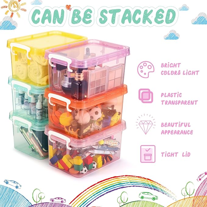 Wenqik 12 Pack Colorful Plastic Storage Bins with Lids 4 Quart Small Storage Latch Box Stackable and Nestable Clear Organizer Bins with Latching Handle and Buckle for Organizing (Colorful)