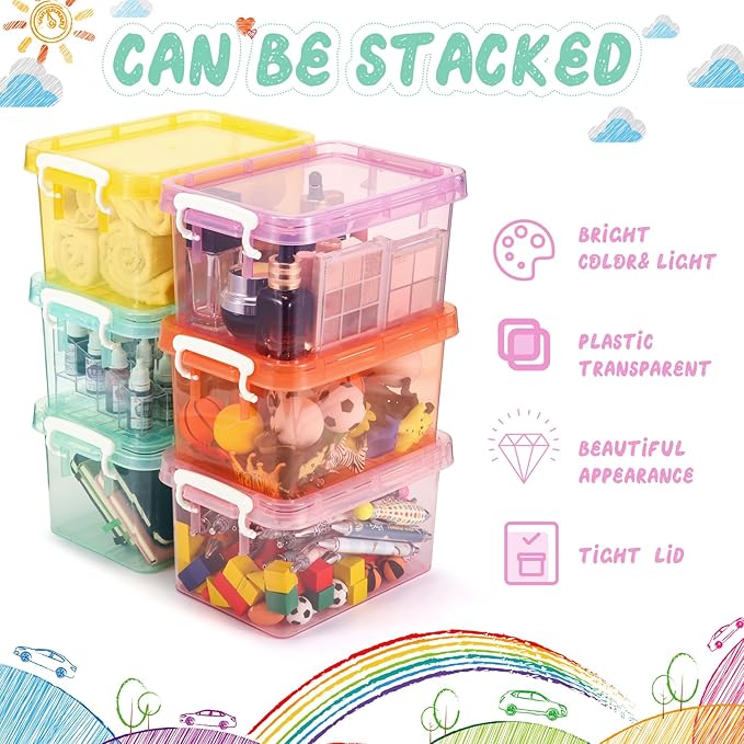 Wenqik 6 Pack Colorful Plastic Storage Bins with Lids 4 Quart Small Storage Latch Box Stackable and Nestable Clear Organizer Bins with Latching Handle and Buckle for Organizing(Colorful)