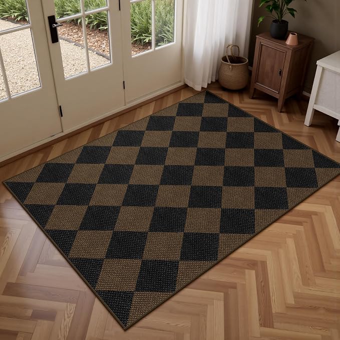 Rugalia Easy Jute Checkered Entryway Rug, 2.6x4 Coffee Modern Indoor Outdoor Doormat Non-Slip Washable Kitchen Rug, Neutral Farmhouse Diamond Throw Rugs for Entrance Bedroom Porch Patio