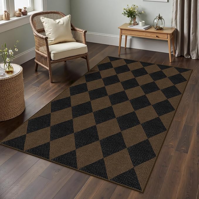 Rugalia Easy Jute Small Outdoor Patio Rug, 3x5 Coffee Checkered Entryway Rug Washable Modern Diamond Kitchen Rugs, Non-Slip Neutral Farmhouse Throw Carpet for Living Room Porch Backyard