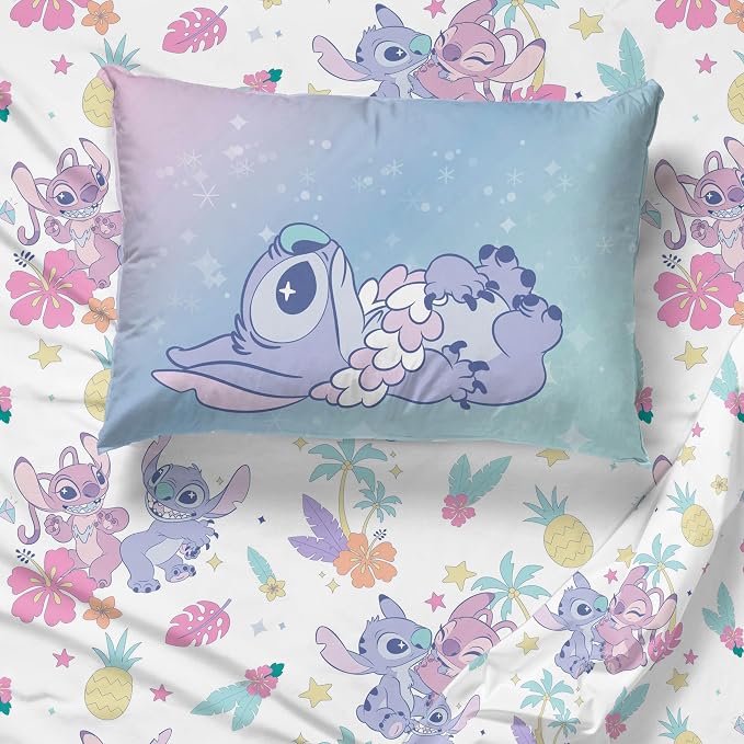 Jay Franco Kids Sheet Cartoon Set with Fitted, Flat Sheets & Pillow Cover - Ultra-Soft Bedding with Pillowcase for Room Decor, White - Lilo & Stitch 01, 3 Piece Twin