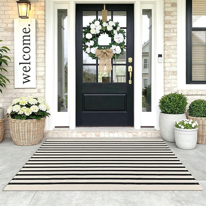 KOZYFLY 3'x5' Cotton Area Rug, Black and Beige Striped Outdoor Rug, Hand-Woven, Machine Washable, Perfect for Front Door, Kitchen, Living Room