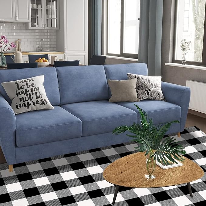 SEEKSEE Buffalo Plaid Rug 4' x 6' Black and White Large Front Door Mat, Layering Area Rug, Washable Cotton Rug for Outdoor Patio Entryway Indoor Living Room Kitchen Dining Room Decor
