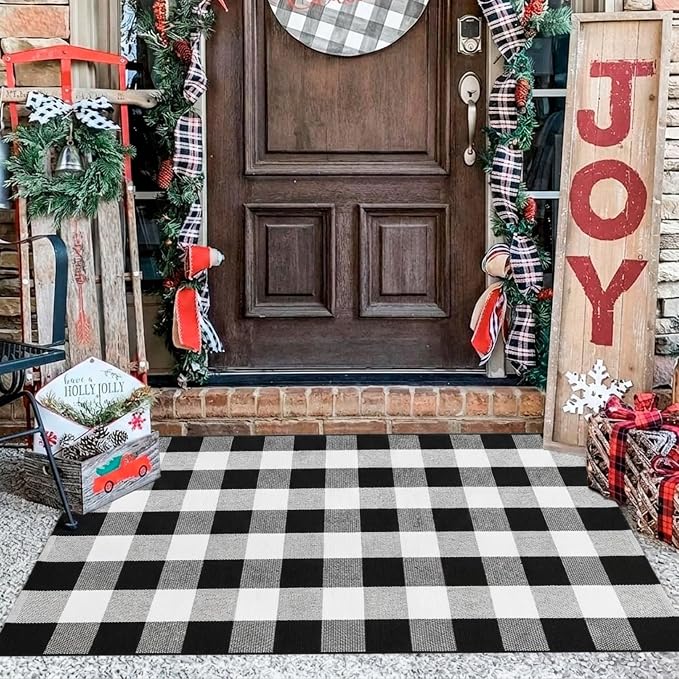 Buffalo Plaid Outdoor Rug 3x5 Ft Black and White Checkered Area Rug Washable Doormats Indoor Outdoor Rugs for Layered Front Door Mats, Porch, Entryway, Kitchen, Farmhouse