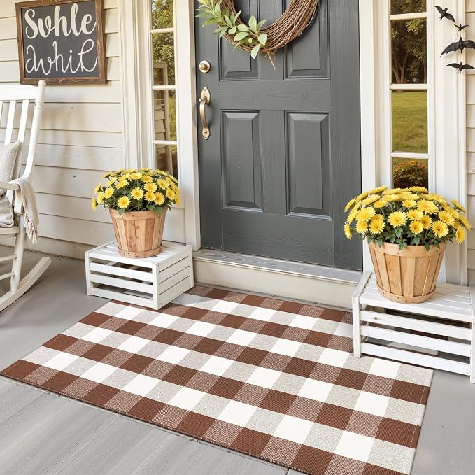 Buffalo Plaid Checkered Rug Fall Washable Outdoor Rug 3'x5' Front Door Mat | Small Porch Rug Carpet Cotton Door Mat Outside Entrance Autumn Layered Doormats for Patio Farmhouse Entryway Kitchen Foyer