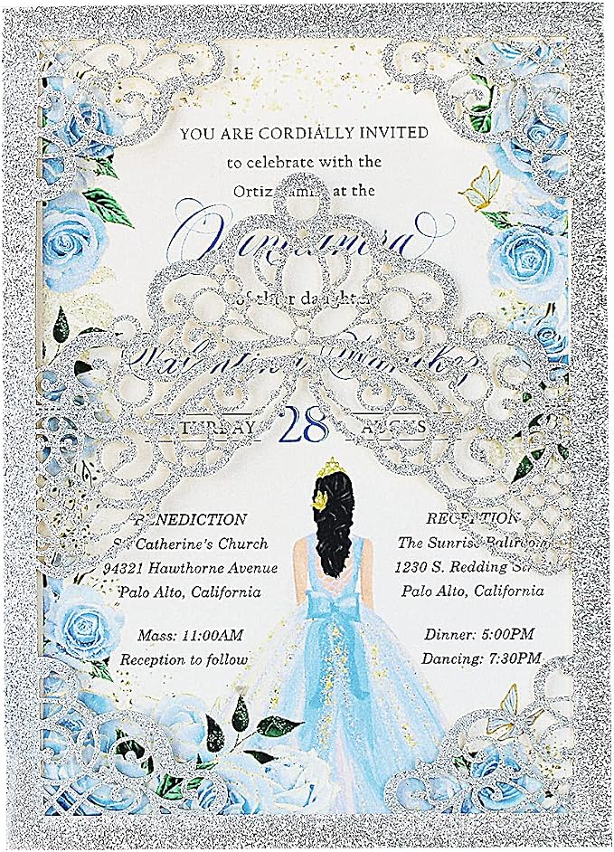 Hosmsua 50PCS Personalized Silver Glitter Quinceanera Invitations Kit 5.1x7.3 Inch Laser Cut Floral Crown Pocket Quinceanera Invitation Cards with Envelopes for Birthday Quince Invitation