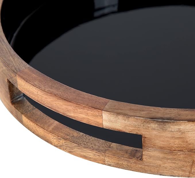 Kate and Laurel Ehrens Modern Wooden Tray, 15 inch Diameter, Natural and Black, Round Accent Tray for Farmhouse Decor