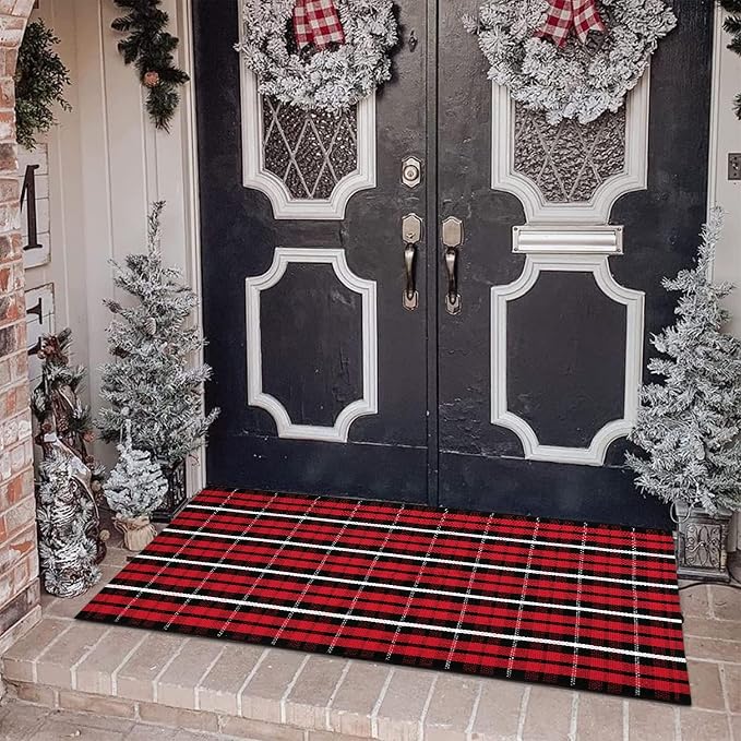 Christmas Front Door Mat Outdoor 2'X4.3' Red Plaid Porch Rug Welcome Mat | Buffalo Outdoor Rug Machine Washable Kitchen Rug Entryway Carpet Layered Door Mats Indoor Cotton Area Rug Runner for Bedroom