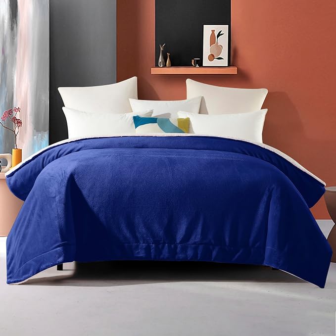 Elegant Comfort Ultra Soft Reversible Flannel Sherpa Blanket - Cozy Silky Fleece Throw for Couch, Bed - Plush Fuzzy Warm Winter Blanket for Gift, Queen, Royal Blue