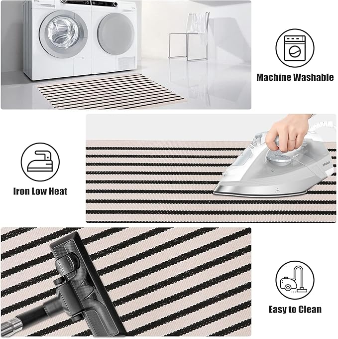LEEVAN Outdoor Runner Rug 2x4.3 Black and White Striped Front Porch Rug | Layering Fall Doormat Farmhouse Front Porch Rug Cotton Woven Washable Throw Carpet Runner for Front Steps/Bathroom/Kitchen