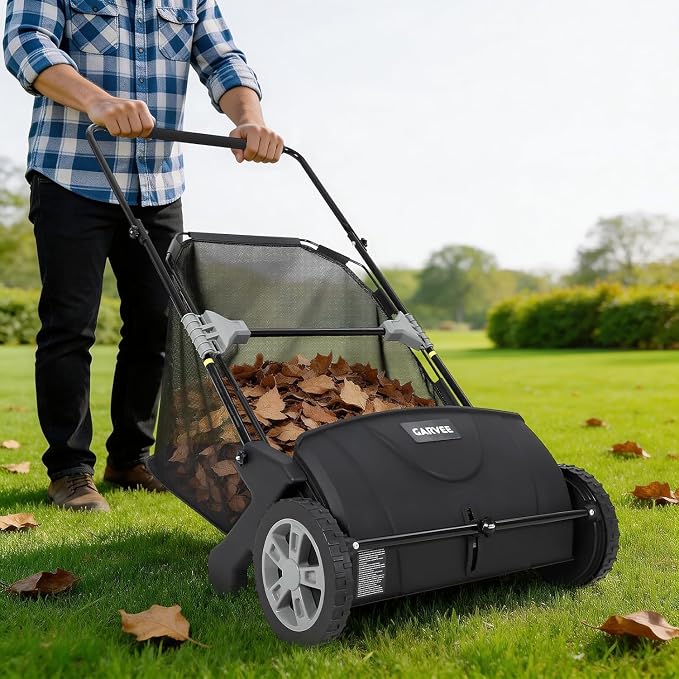 21-Inch Push Lawn Sweeper, Manual Leaf Sweeper with 3.5 Cu. ft. Mesh Collection Bag, Yard Sweeper with 2 Spinning Brushes & 10" Rubber Wheels, Walk-Behind Grass Collector for Lawns, Black
