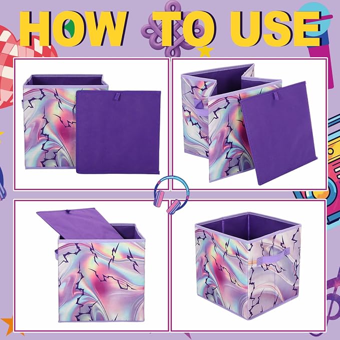 Bokon 2 Pcs Kpop Party Favors 11 Inch Storage Bins Fabric Foldable Storage Basket with Handles Organizing Boxes for Kpop Disco Dance Music Party Decorations