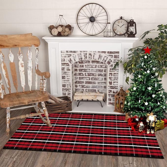 Christmas Front Door Mat Outdoor 2'X4.3' Red Plaid Porch Rug Welcome Mat | Buffalo Outdoor Rug Machine Washable Kitchen Rug Entryway Carpet Layered Door Mats Indoor Cotton Area Rug Runner for Bedroom