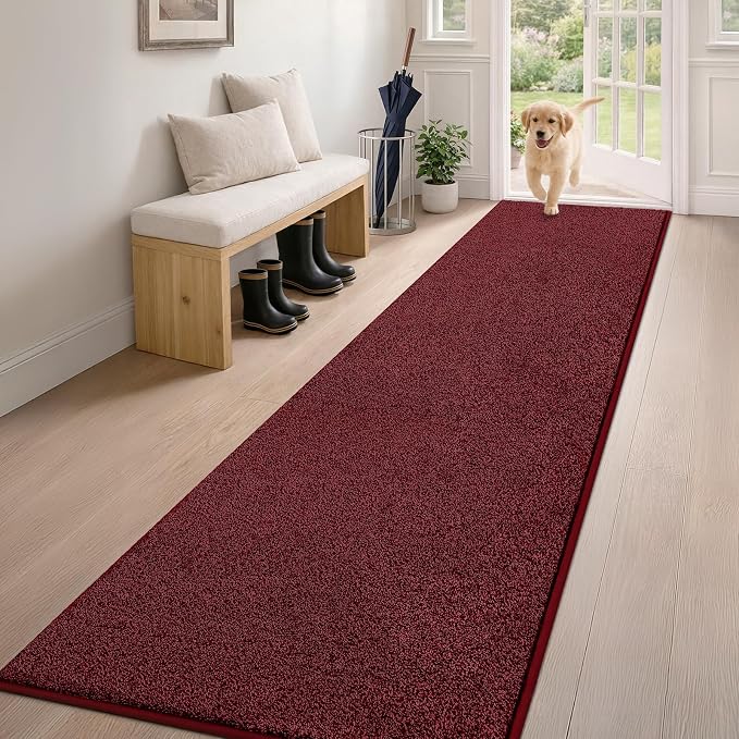 PURRUGS Dirt Trapping Door Mat 24" x 84", Non-Slip Machine Washable Entryway Rug, Dog Doormat, Indoor Front Door Mat, Super Absorbent Entry Rug for Muddy Shoes & Paws, Burgundy Red