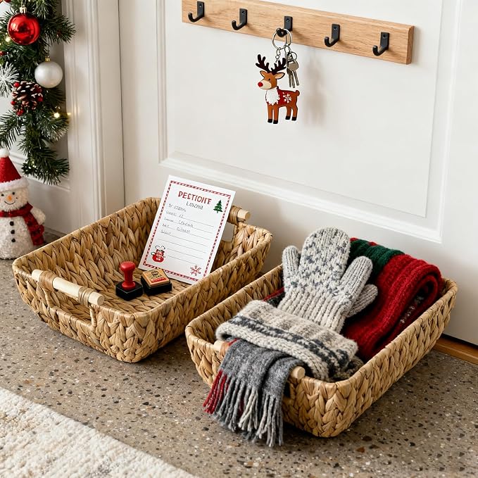 Wicker Baskets with Wooden Handles, Large Water Hyacinth Storage Baskets