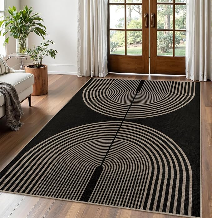 Rugalia Easy Jute 5x7 Outdoor Patio Rug, Washable Black Boho Rainbow Rugs for Living Room, Non-Slip Modern Farmhouse Outdoor Mat Neutral Abstract Floor Carpet for Patio Dining Room Backyard