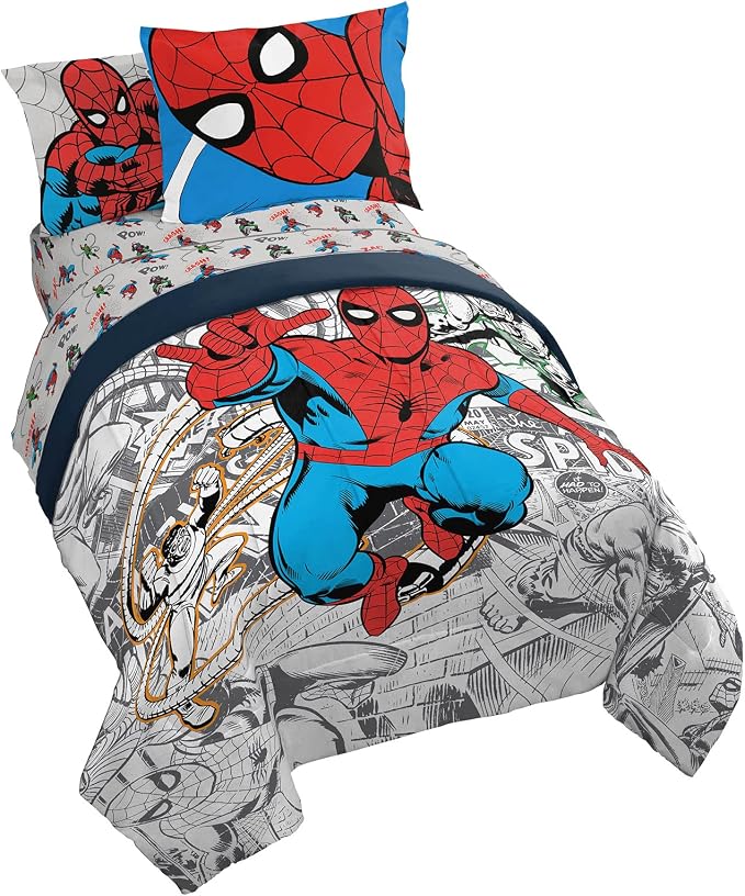 Marvel Spiderman Twin Comforter Set 5 Piece Bedding for Boys, Grey | Bed in a Bag, Comforter Sheets Sham Pillowcase, Official Product, Soft Microfiber, Machine Washable, Easy Care, Boys Gift