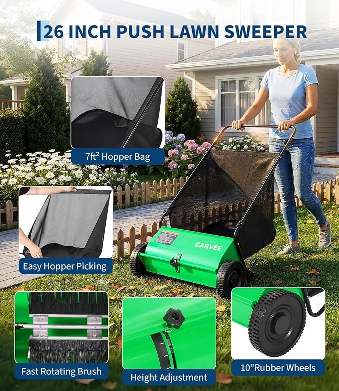 Push Lawn Sweeper, 26 in Grass Sweeper Leaf Collector with 7 Cu.ft Mesh Bag, Yard Sweeper with Adjustable Brush Height and 4 Spinning Brushes for Cleanup, Lawn Care Equipment