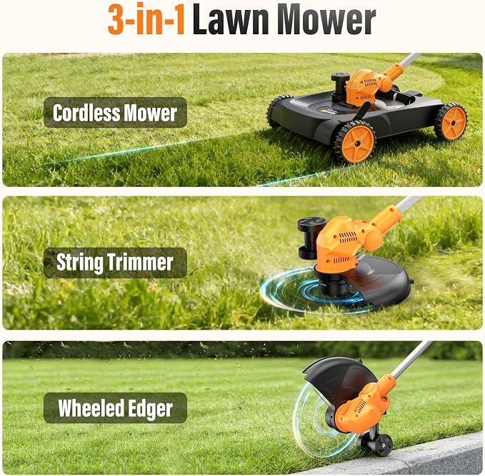 18.9" Cordless Lawn Mower, String Trimmer & Wheeled Edger 3-in-1 Combo, Brushless 2 * 4.0Ah Batteries, 3 Blades, Adjustable Height & Angle Electric Weed Eater and Lawnmower