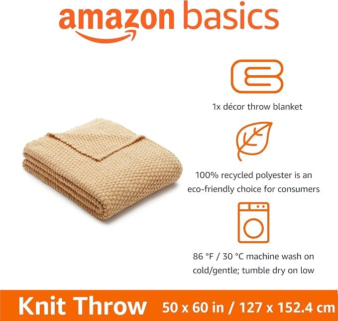 Amazon Basics Chunky Cable Knit Throw Blanket for Couch, Sofa, Bed, Lightweight Soft Cozy, 50" x 60", Sand