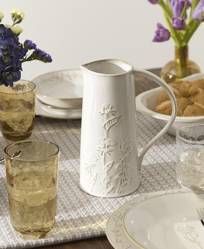Lenox Homespun Ceramic Water Pitcher, 82oz | thistle design, dishwasher safe | table and home decor | 9 inch, 82oz, gift for women, kitchen decor