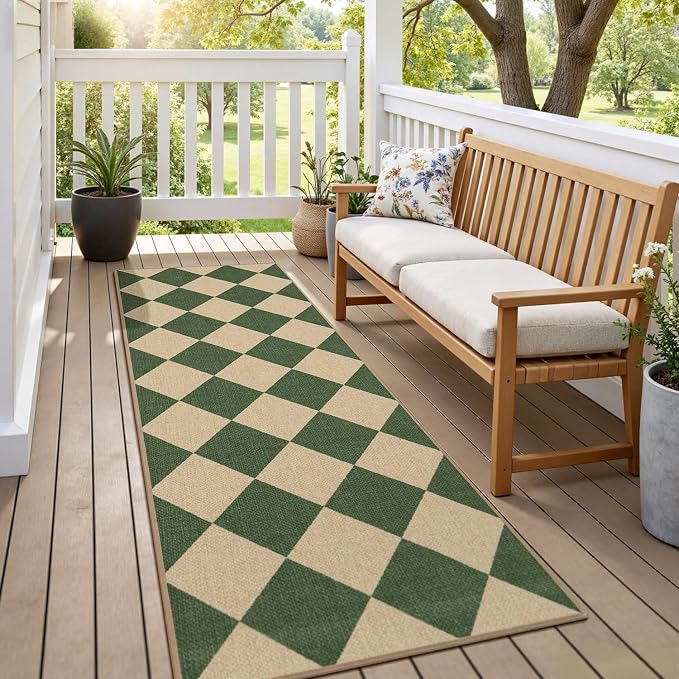 Lessymo Kitchen Runner Rug 2x6 Checkered Jute Rugs Washable Non Slip, Green | for Entryway Hallway Bedside, Indoor Outdoor Carpets for Patio Porch, Stain Resistant, Kid Pet Friendly, Diamond Green/Beige