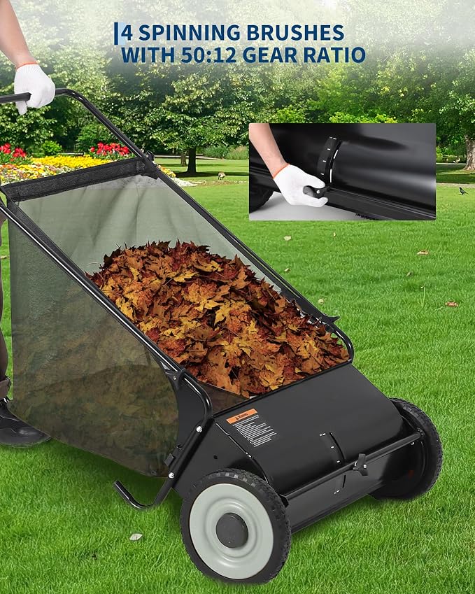 Garvee 21 Inch Push Lawn Sweeper, 3.5 Cu. Ft. Hopper Capacity Grass Sweeper, Manual Push Yard Sweeper with Height Adjustment & 4 Fast Spinning Brushes for Grass Clippings, Leaves & Debris, Black