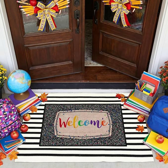 Moucuny 2 Pcs Classroom Doormats Set, Composition Notebook Crystal Velvet Mat Non-Slip Teacher Doormat, Black and White Rug Educational Area Decor for Kindergarten Primary School