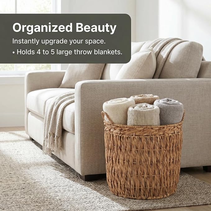 Household Essentials Tall Wicker Floor Basket, Woven Decorative Basket with Handles, Handmade, Great for Laundry and Storage, Natural