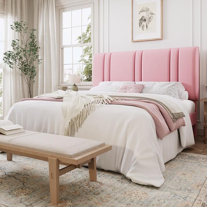 SHA CERLIN Full Size Velvet Bed Frame with Adjustable Headboard, Pink | Vertical Channel Tufted Design, Upholstered Platform Bed, Wood Slats Support/No Box Spring Needed/Easy Assembly
