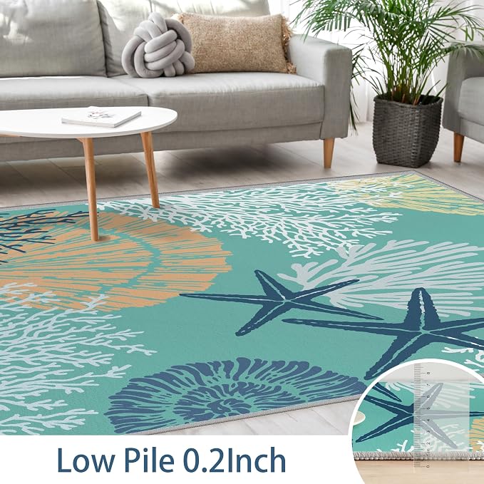 Tritard Coastal Area Rugs Nautical Beach Themed Non-Slip Machine Washable Rugs Modern Floor Carpet for Living Room Bedroom, 4x6, Teal and Turquoise