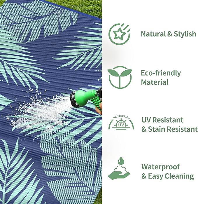 GENIMO Outdoor Rug, Waterproof Plastic Rugs for Patio, 5'x8' Navy Green | Outside Larger Leaf Carpet Mat for Porch Decor, Deck, Balcony, Camping, RV, Backyard, Picnic, Beach, Reversible, Foldable