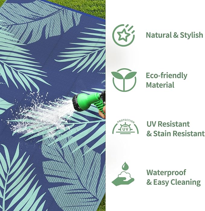 GENIMO Outdoor Rug, Waterproof Plastic Rugs for Patio, 9'x12' Navy Green | Outside Larger Leaf Carpet Mat for Porch Decor, Deck, Balcony, Camping, RV, Backyard, Picnic, Beach, Reversible, Foldable