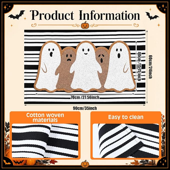 Moucuny 2 Pcs Halloween Coir Doormat Outdoor Ghost Welcome Mat with Black and White Stripe Area Rug Halloween Outdoor Doormat for Front Door Porch Entryway Decor, 16'' x 28'', 24'' x 35''