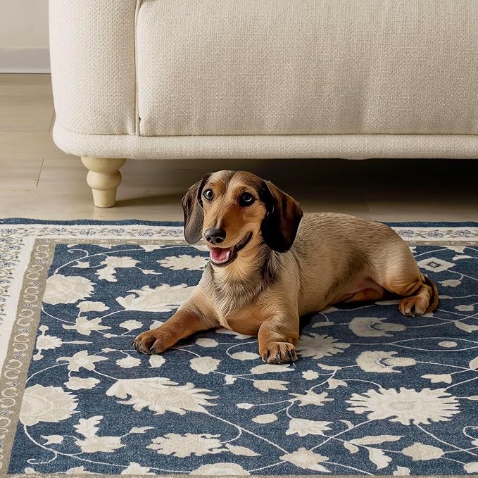 EVERGRACE Hallyway Area Runner Rugs 2x8, Boho Floral Faux Wool Indoor Outdoor Rugs, Washable Rugs for Bedroom Dining Room Living Room Kitchen, Low Pile Floor Mat Carpet for Home Decor, Navy Blue
