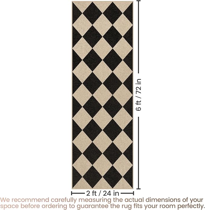 Washable Checkered Easy Jute Runner Rug, 2x6 Black Diamond Checkerboard Boho Geometric Outdoor Indoor Patio Rug, Low Pile Lightweight Non Slip Long Runner Carpet for Hallway Kitchen 6ft Entryway Porch
