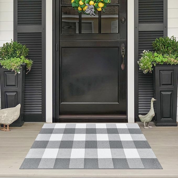 Buffalo Plaid Outdoor Rug 2x3 Cotton Woven Rug Grey and White Checkered Rug Washable Front Porch Fall Layered Door Mats Carpet for Indoor Outdoor Entryway Farmhouse Decor Area Rug