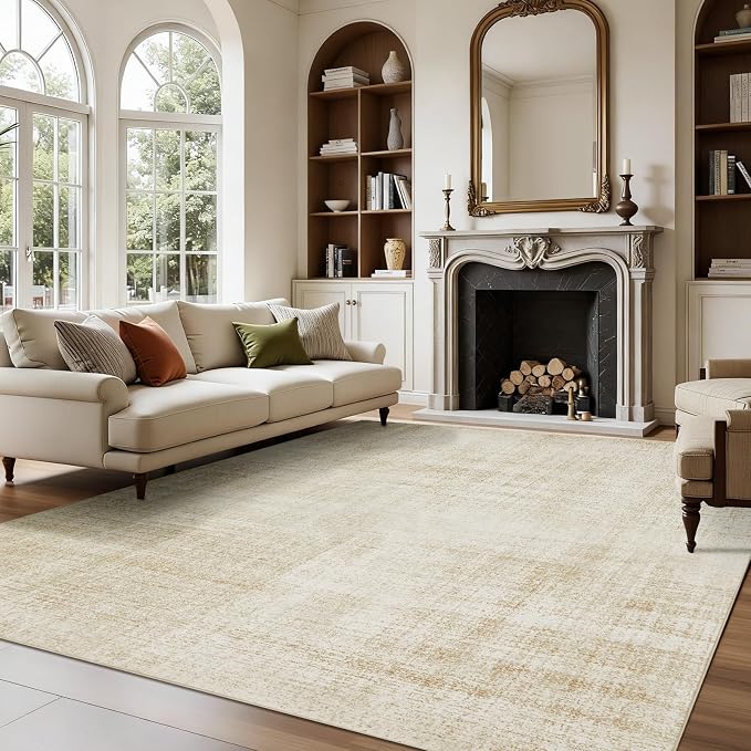 Joydeco Boho Washable Abstract Beige 5x7 Area Rugs for Living Room Bedroom | Abstract Neutral Classic Low Pile Soft Pet and Child Friendly Indoor Throw Carpet for Dining Room Guest Room Farmhouse Office