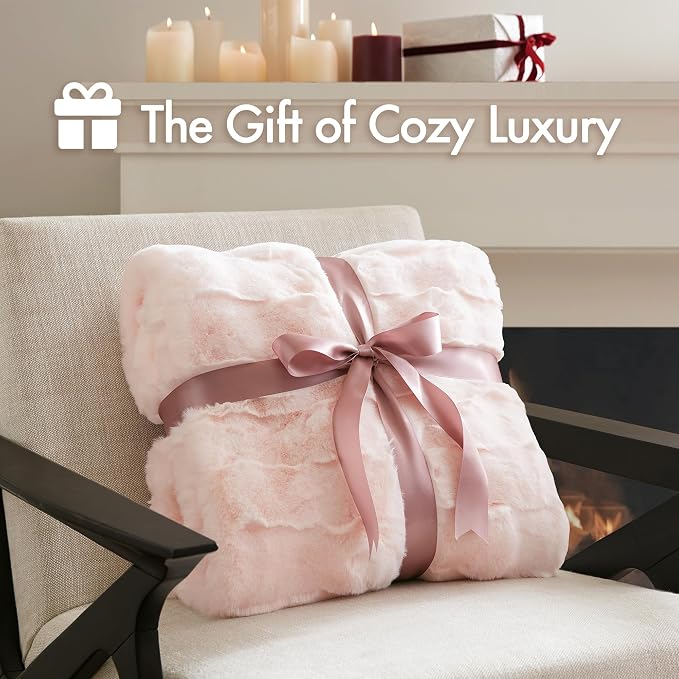 Madison Park Vivienne Faux Fur Throw Blanket Velvet, 50 x 60, Pink | All Season, Cozy Warmth for Sofa or Bed, Reversible, Lightweight, OEKO-TEX Certified