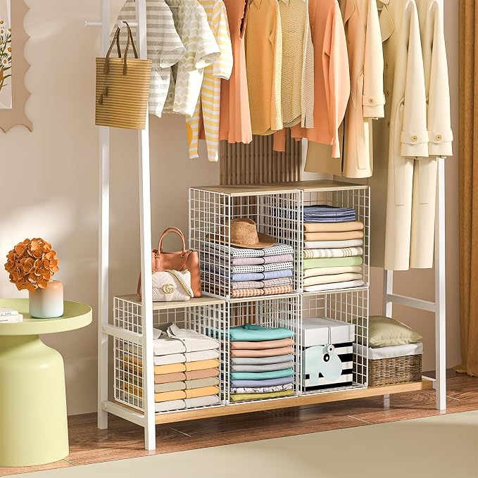 Hencawima 3-Pack Taller Stackable Closet Organizers and Storage with Wood Top,White | Wire Storage Bins for Clothes, Double Storage Design, Sturdy Metal Cube Shelf Organizer for Closet Wardrobe,White