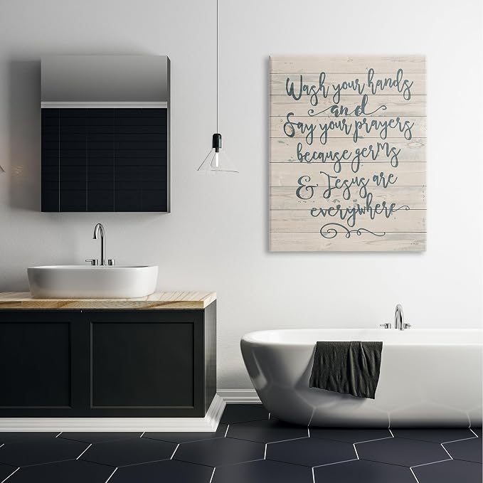 Stupell Industries 'Blue Script Germs and Jesus Cursive Planked Look Typography', Canvas Art, 36 x 48 Inches, Easy to Hang and Sturdy, Made in USA, by Jo Moulton