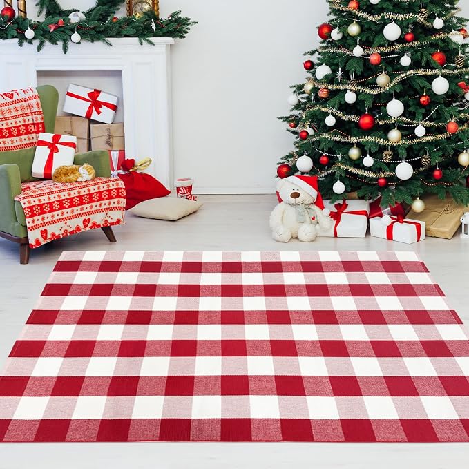 USTIDE Buffalo Plaid Outdoor Rug 4' x 6' Red and White Check Christmas Check Indoor Area Rug Washable Cotton Woven Rug Layering Rug for Welcome Door Mat Farmhouse Front Porch Entryway