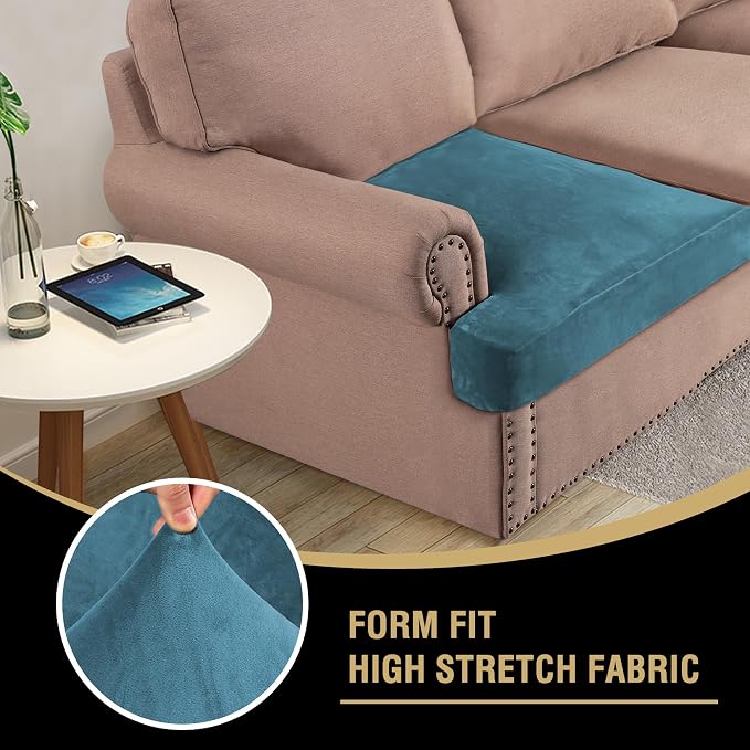 H.VERSAILTEX Stretch Velvet 3 Piece T Cushion Sofa Slipcovers Individually Sofa Cushion Covers for 3 Cushion Couch Seat Cushion Cover for Sofa Seat Cushion Cover Stay in Place(Sofa, Peacock Blue)